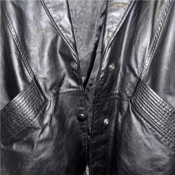 G-III Black Leather Jacket Coat Long Womens Vintage 80s Size Medium Timeless - Picture 2 of 6